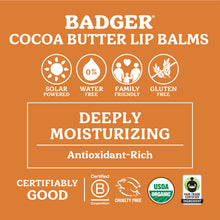 Load image into Gallery viewer, vanilla bean cocoa butter lip balm certifications