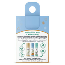 Load image into Gallery viewer, organic lip balm holiday gift 3 pack blue back