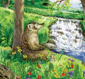 Illustration of a Badger sitting cross-legged by a stream meditating