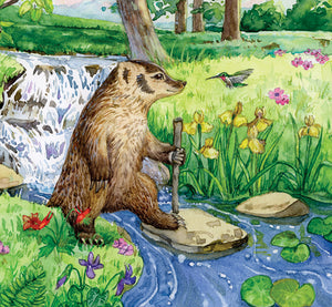 An illustrated badger crosses a stream with a hummingbird. A closeup of Badger's cheerful mind balm illustration.