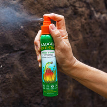 Load image into Gallery viewer, Hand holding a green and orange spray bottle labeled 'Badger Anti-Tick' against a dark background.
