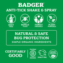Load image into Gallery viewer, Badger Anti-Tick Shake &amp; Spray product features listed on a green background.
