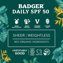 Load image into Gallery viewer, Badger Daily SPF 50 sunscreen packaging with green background and leaf patterns
