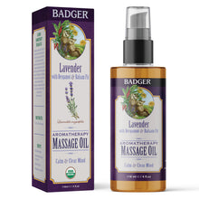 Load image into Gallery viewer, lavender massage oil organic aromatherapy bottle and box
