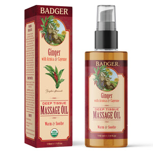 organic deep tissue massage oil bottle and box