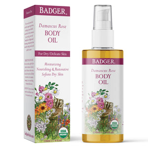organic rose body oil bottle and box